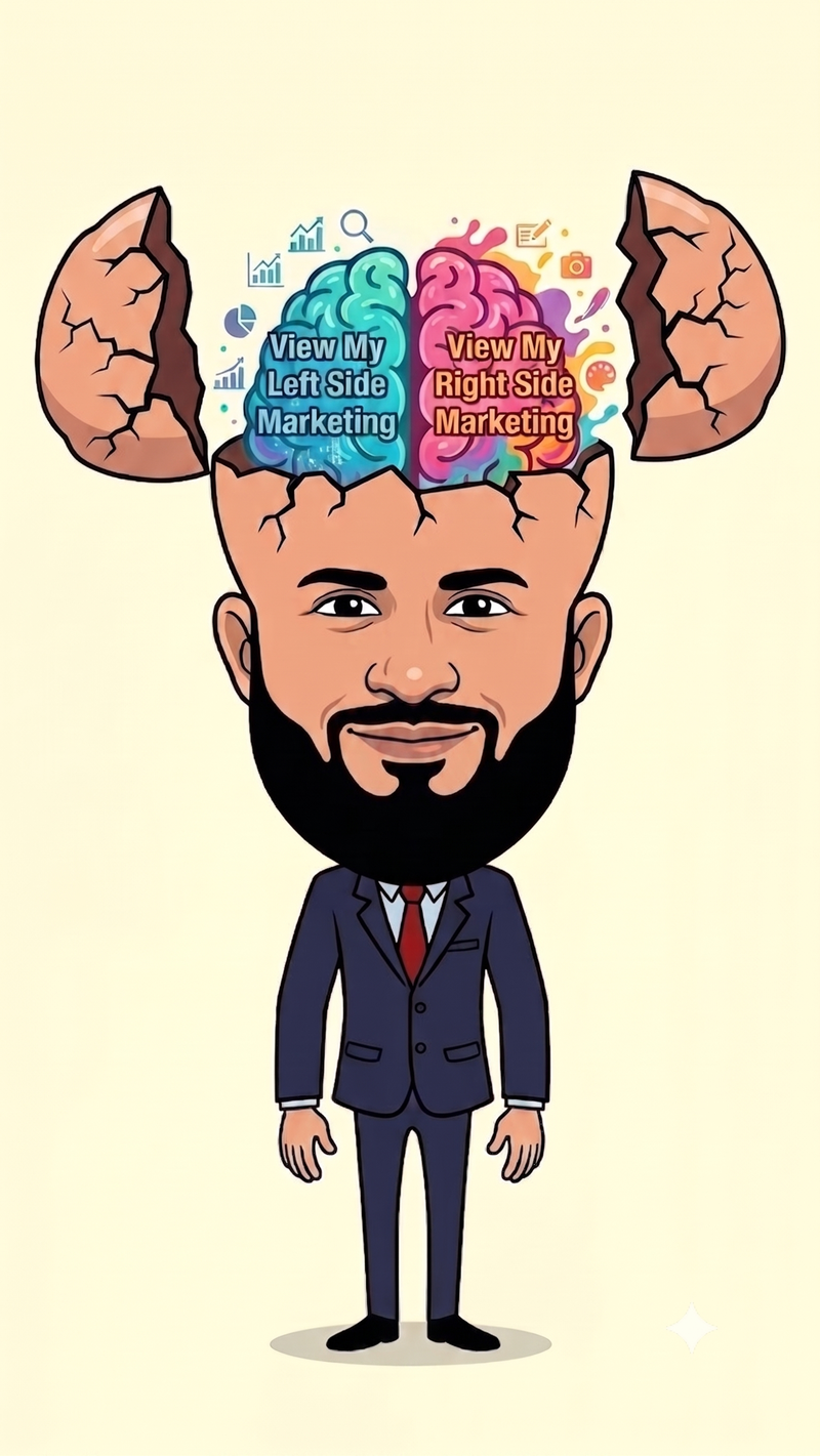 Illustration of Mohammed Zakaullah with his brain split into an analytical left side and a creative right side